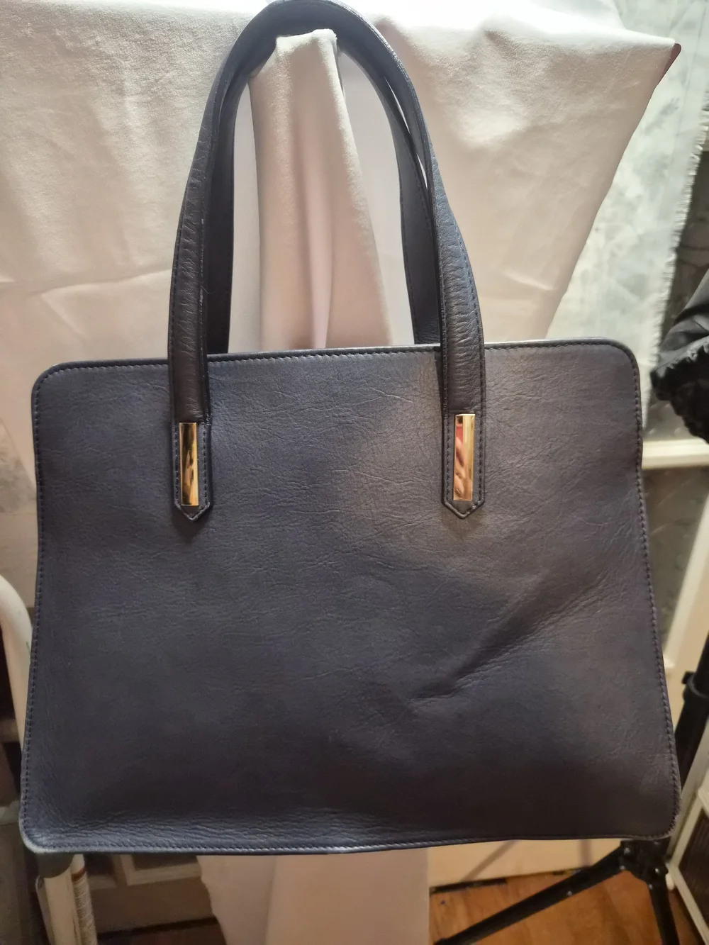 Italian Vera Pelle Genuine Leather Navy Satchel Tote Purse Gold Hardware